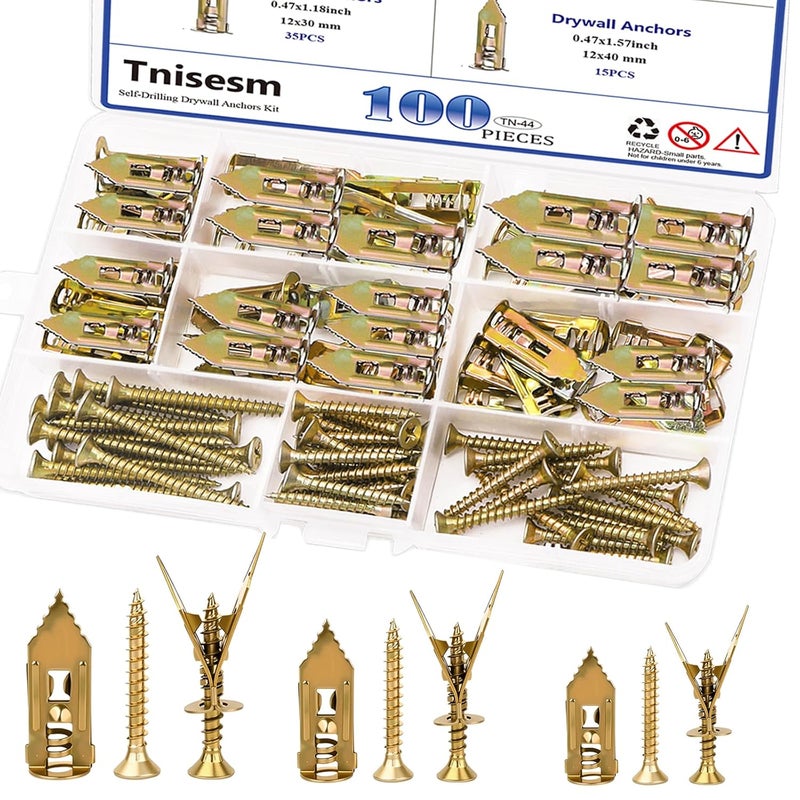 Tnisesm 100Pcs Self-Drilling Drywall Anchors with Screws, 2025 Upgraded Zinc Plated Steel for Heavy Duty, Metal Screw Anchors Kit, No Drill and Holes in Wall (3 Sizes) - Image 1